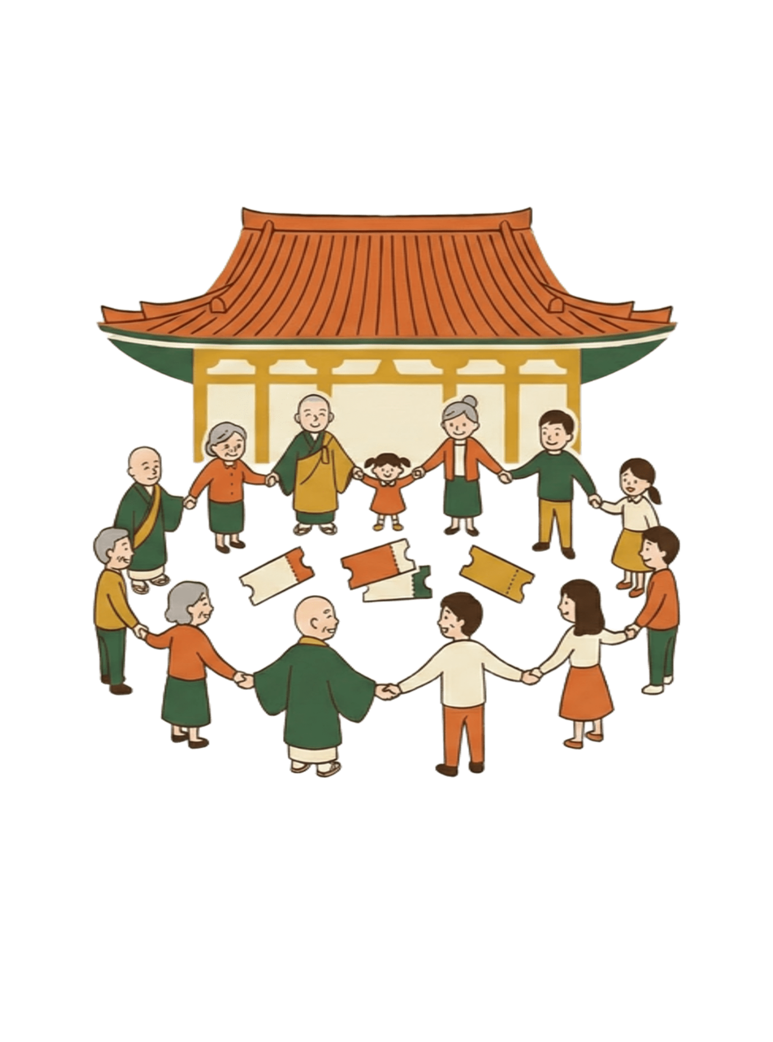 お寺を中心に地域の人々がつながる様子のイラスト